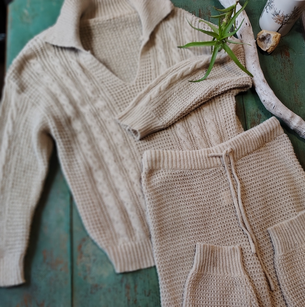 SHEIN Beige V-Neck Sweater Set